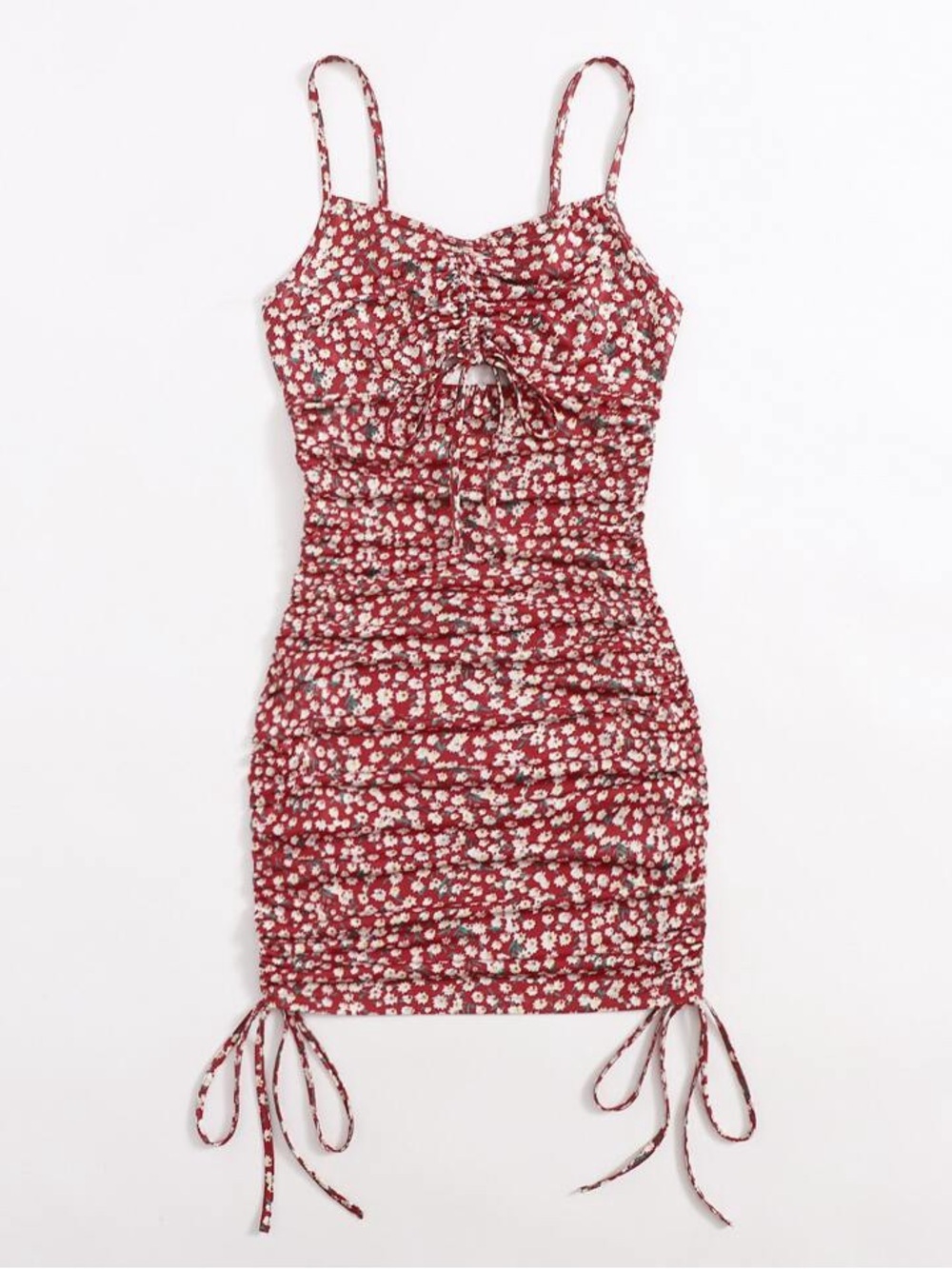 Floral Ruched Tie-Front Mini Dress in Burgundy